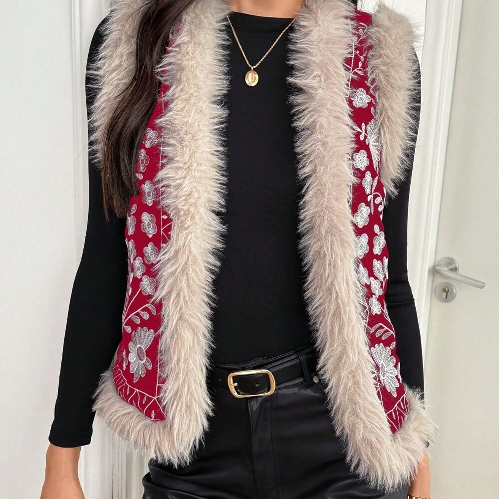Burgundy Casual Women's Floral Patchwork Furry Vest Padded Padded Coat - Picture 3 of 5